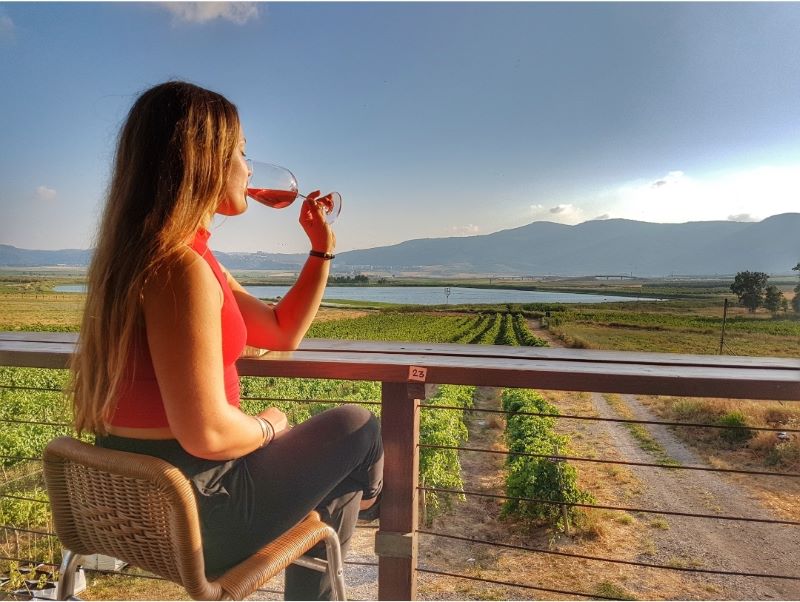 אישה שותה יין מול נוף שדות